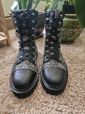 Kurt Geiger Black & White Tweed Lace-Up Combat Boots